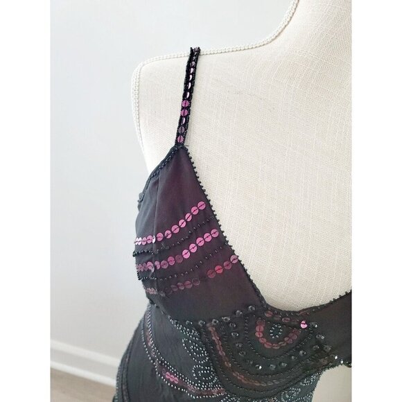 Sue Wong Vintage Black Pink Beaded Sequin Y2K 90s Silk Flapper V-Neck Dress 12 M - Picture 9 of 13